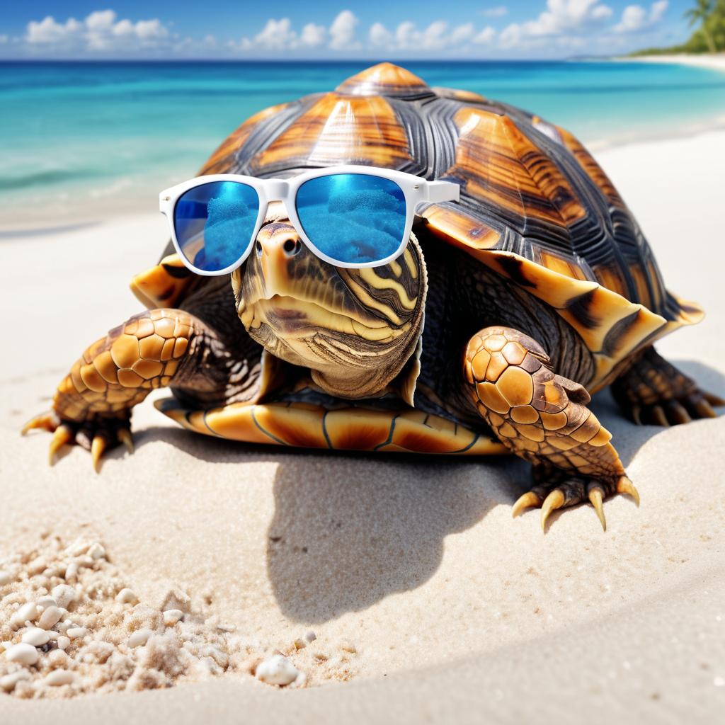 box turtle turtle/tortoise on a beach with white sand and blue sea, wearing sunglasses and summer hat.