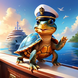 box turtle turtle/tortoise as a captain on a luxury yacht, wearing captain uniform, ethereal and majestic.