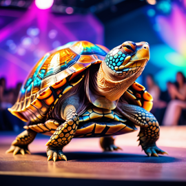 box turtle turtle/tortoise strutting down the fashion show catwalk stage in an extravagant cosmic-themed outfit with iridescent fabrics, high energy and extravagant.