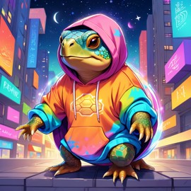 box turtle turtle/tortoise in a colorful hoodie, with a magical urban background highlighting a cute and happy vibe.