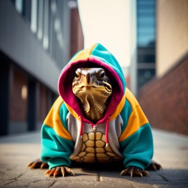 box turtle turtle/tortoise in a colorful hoodie, set in a modern urban environment with a stylish and trendy vibe.