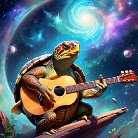 box turtle turtle/tortoise as a musician in an ethereal fantasy setting, playing guitar with a majestic and magical touch.