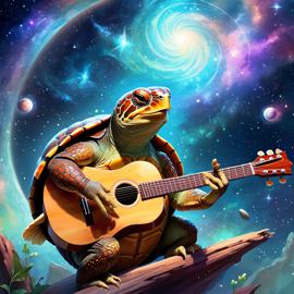 box turtle turtle/tortoise as a musician in an ethereal fantasy setting, playing guitar with a majestic and magical touch.