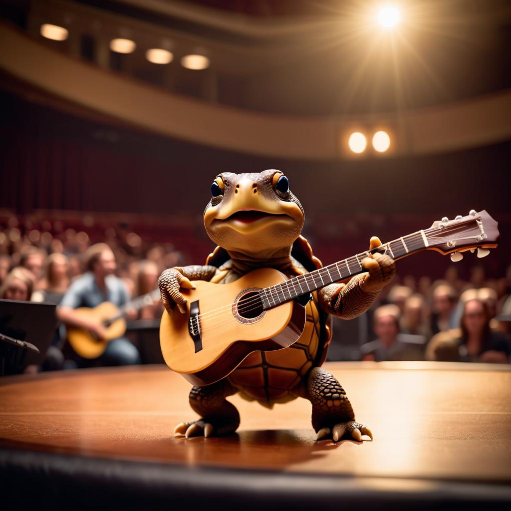 box turtle turtle/tortoise as a musician playing guitar in a cinematic concert hall, capturing dynamic and high-energy performance.