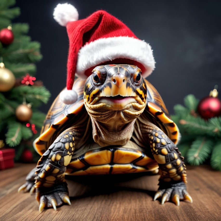 box turtle turtle/tortoise in a christmas sweater and santa hat, lifelike and festive.