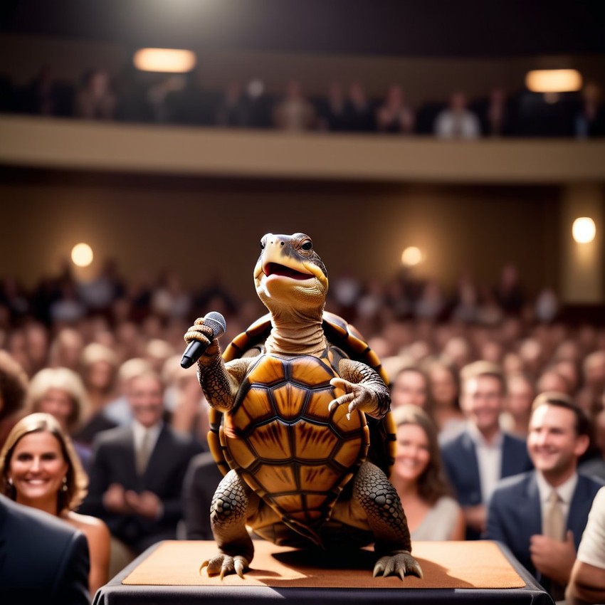 box turtle turtle/tortoise as a keynote speaker on stage, dressed elegantly, holding a microphone, exuding charisma and confidence.