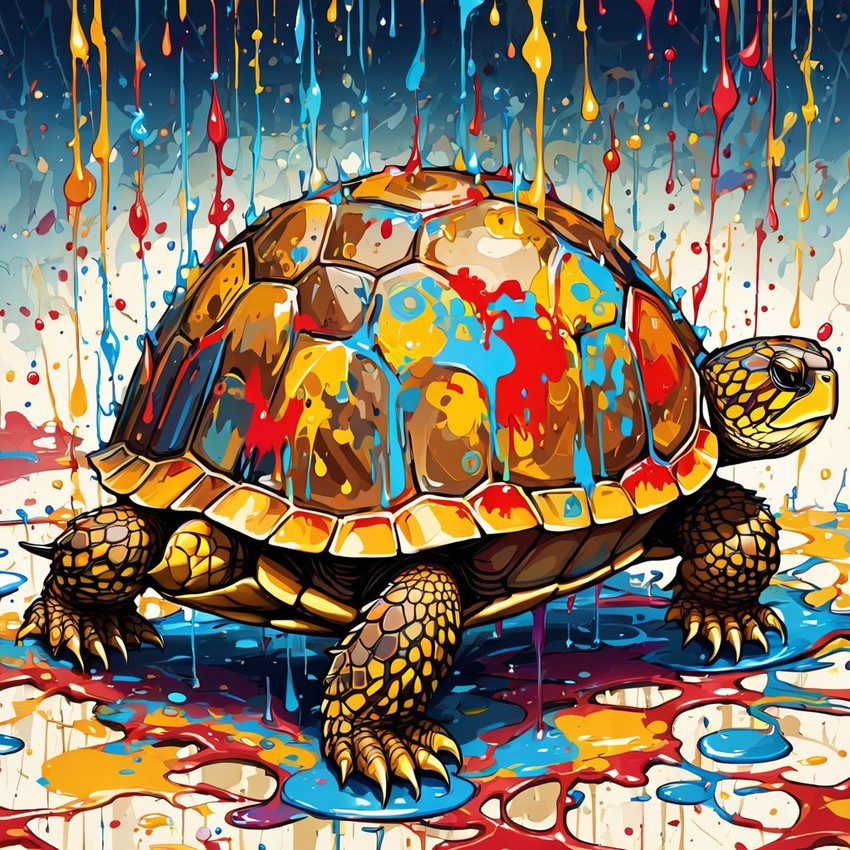 box turtle turtle/tortoise in pollock's drip technique, capturing dynamic and colorful modern art.