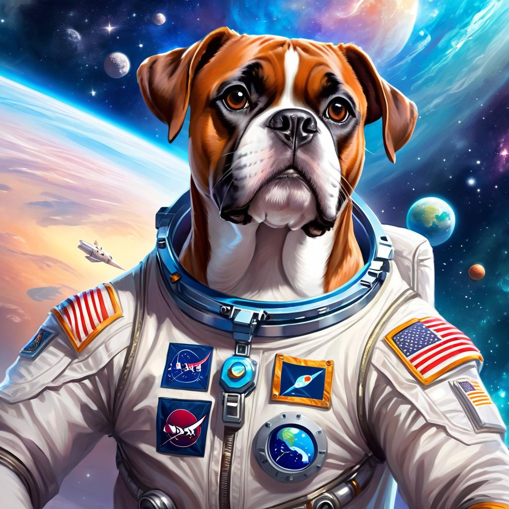 boxer as astronaut in space, ethereal and magical style, wearing spacesuit.