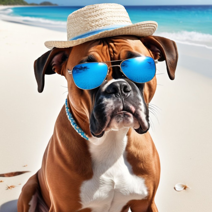 boxer on a beach with white sand and blue sea, wearing sunglasses and summer hat.