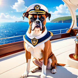 boxer as a captain on a luxury yacht, wearing captain uniform, ethereal and majestic.