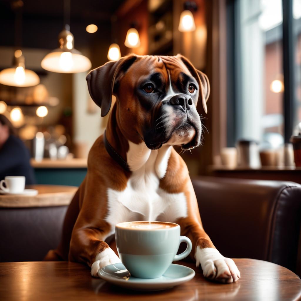 boxer sitting in a cozy coffee shop with a cup of coffee, detailed and vibrant.