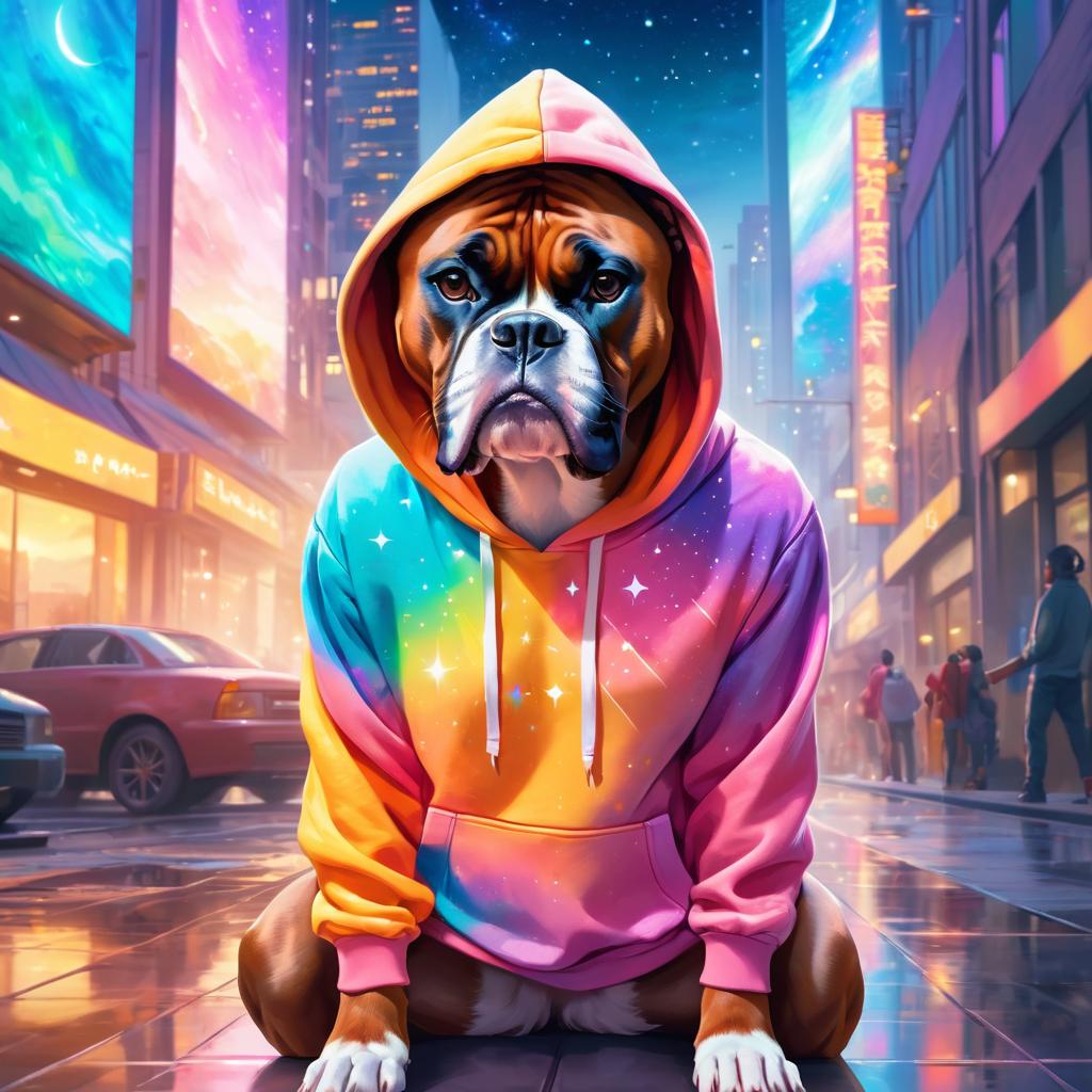 boxer in a colorful hoodie, with a magical urban background highlighting a cute and happy vibe.