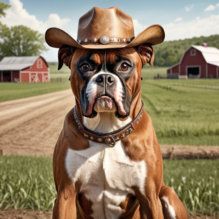 boxer as a cowboy wearing a hat, in the midwest countryside, on a farm.