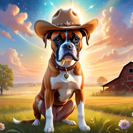 boxer as a cowboy wearing a hat, in the midwest countryside, on a farm.