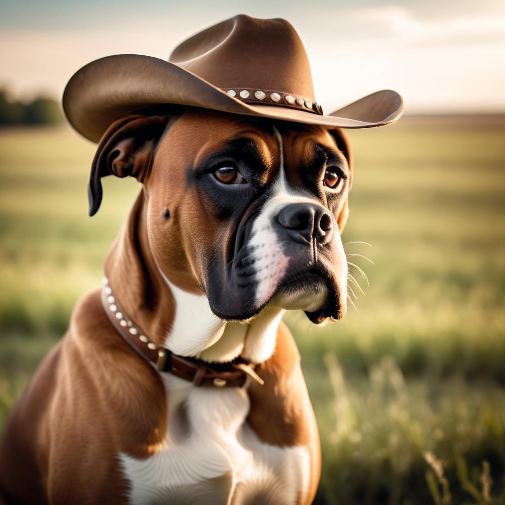 boxer as a cowboy wearing a hat, in the midwest countryside, on a farm.