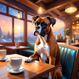 boxer sitting in a cozy coffee shop, ethereal and magical.