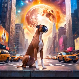 boxer in new york depicted in ethereal fantasy art, with a magical and celestial backdrop.