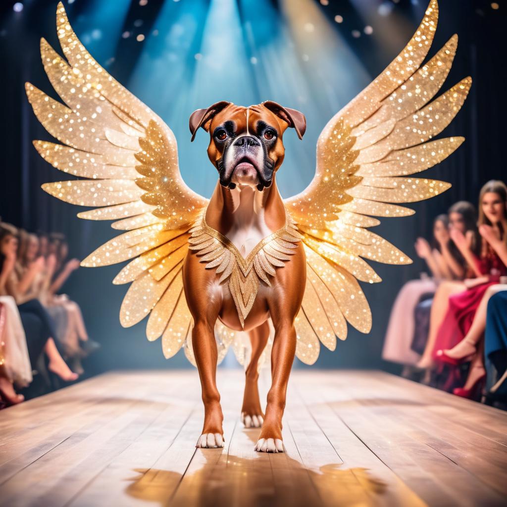 boxer strutting down the fashion show catwalk stage in a magical fairytale dress with glittering wings, high energy and magical.