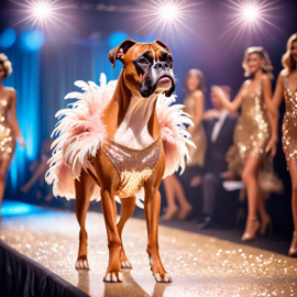 boxer strutting down the fashion show catwalk stage in a sparkling sequined dress with a feathered boa, high energy and dramatic.