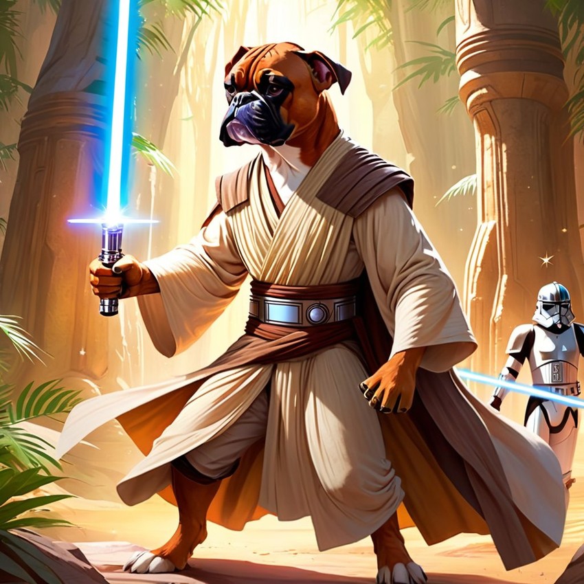 boxer as a jedi knight, with a lightsaber and star wars backdrop in a celestial, painterly style.