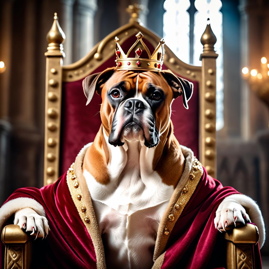 boxer as a king in a magical castle, wearing a crown and robe, seated on a throne.