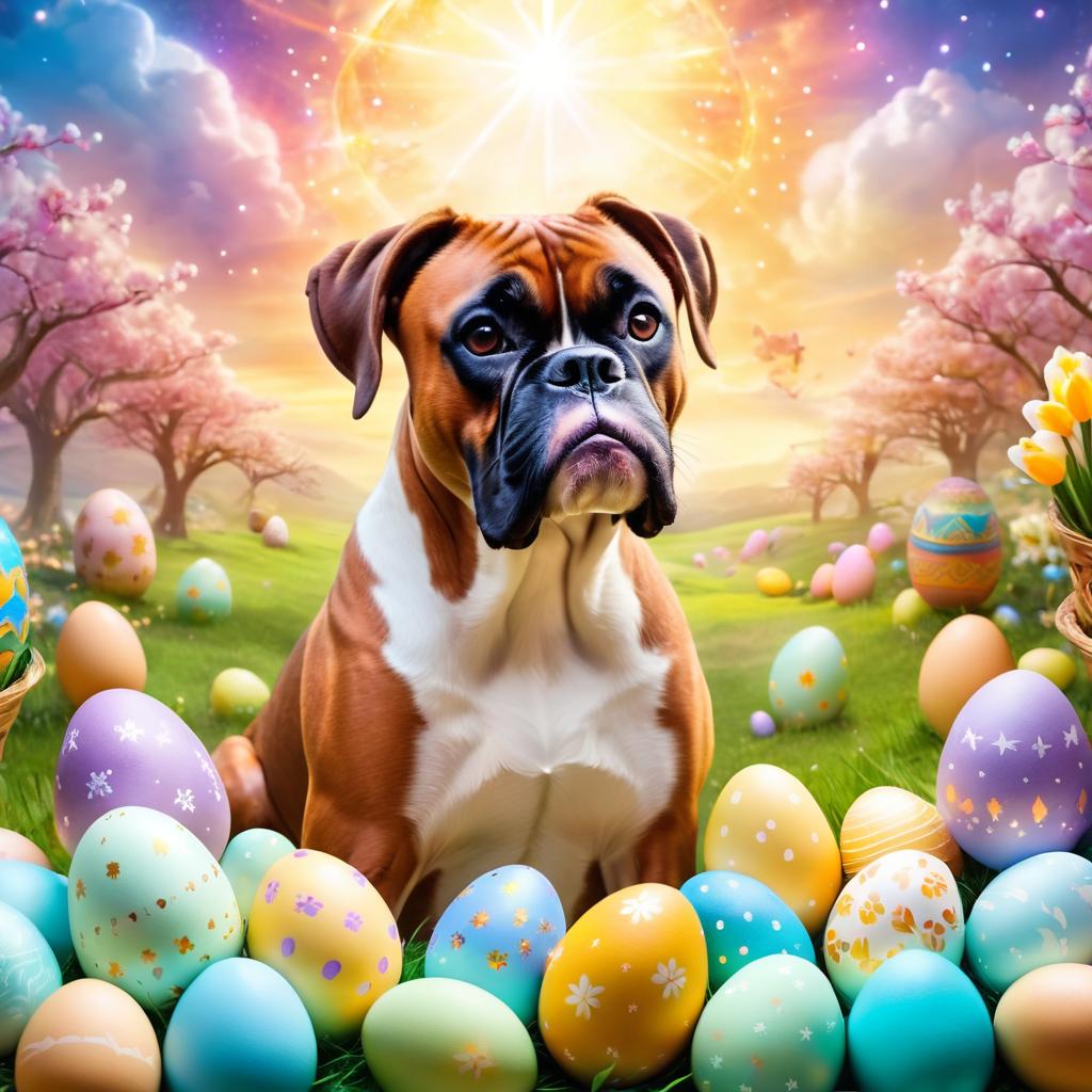 boxer in a magical easter setting with colorful eggs, ethereal and dreamy details.