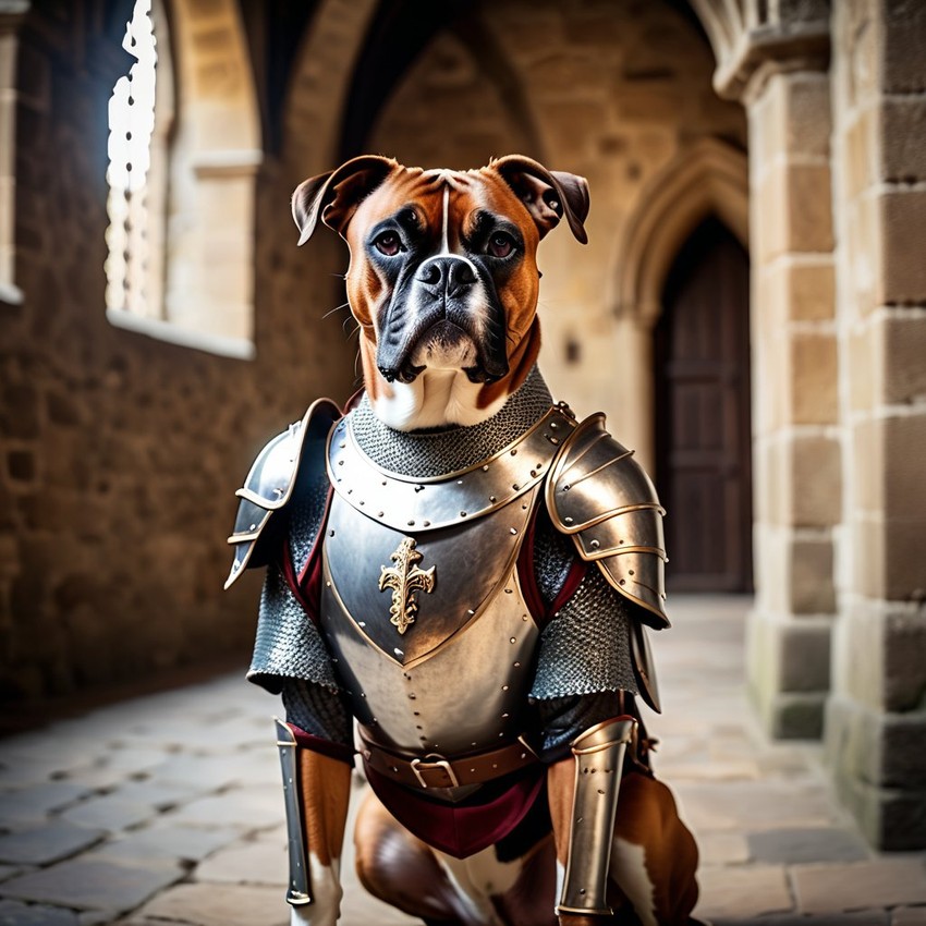 boxer as a medieval knight in a cinematic film still, detailed armor, set in a grand medieval castle.