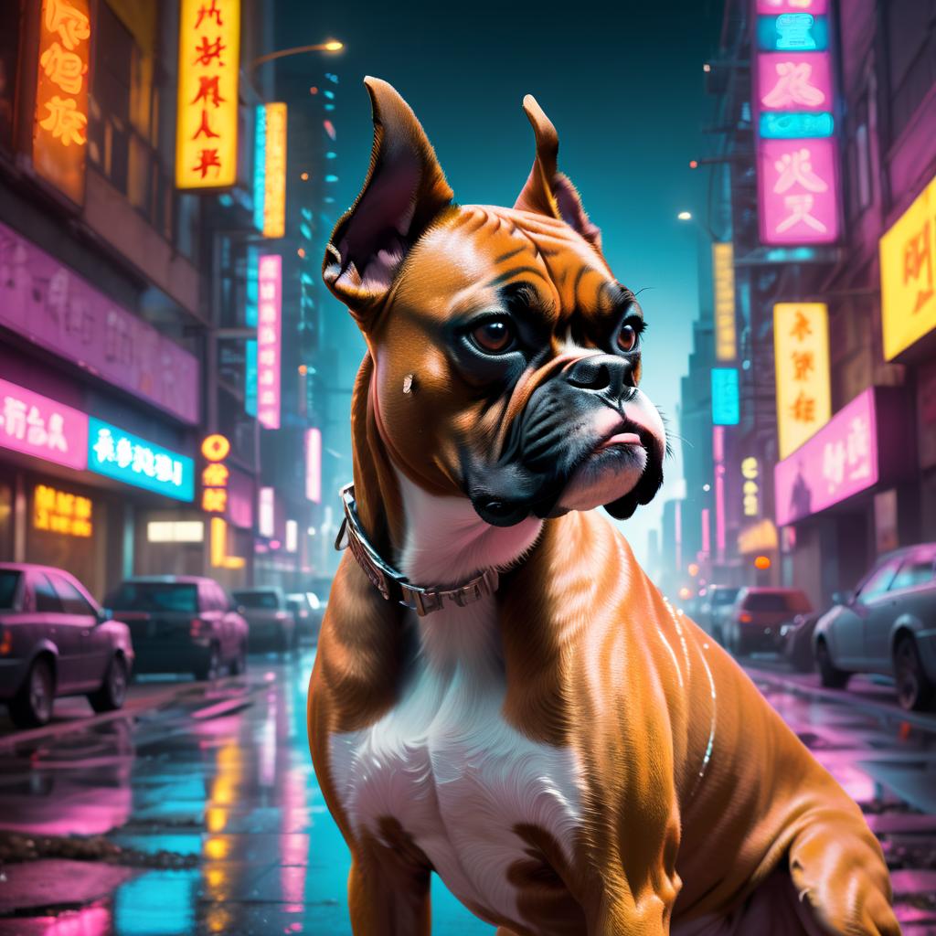 boxer in a vibrant neon city with chinapunk style, featuring captivating lighting and a modern, exotic look.