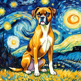 boxer by van gogh, featuring starry night brush strokes, capturing a cute and happy expression.