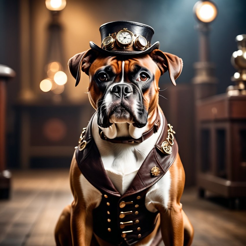 boxer in a steampunk style, happy, highly detailed, retro-futuristic, with a vintage aesthetic.