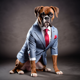 boxer in a stylish suit, posing against a diffused background, looking cute and professional.