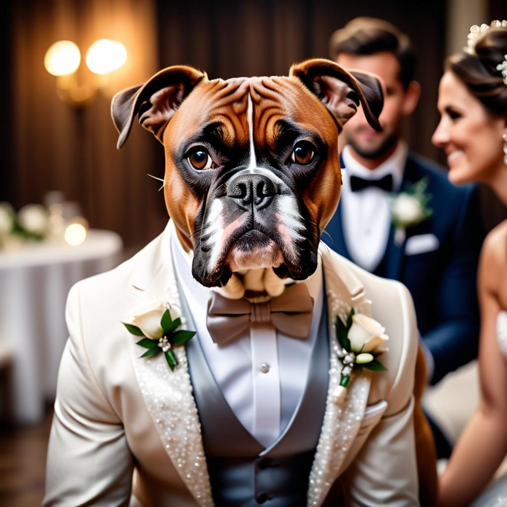 boxer in a beautiful wedding suit, capturing a cute and happy moment in a romantic environment.