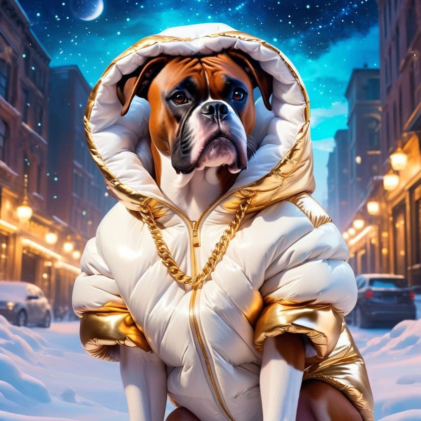 boxer in a white puffer coat with golden hip hop chains, in a posh urban environment, looking cute and happy.