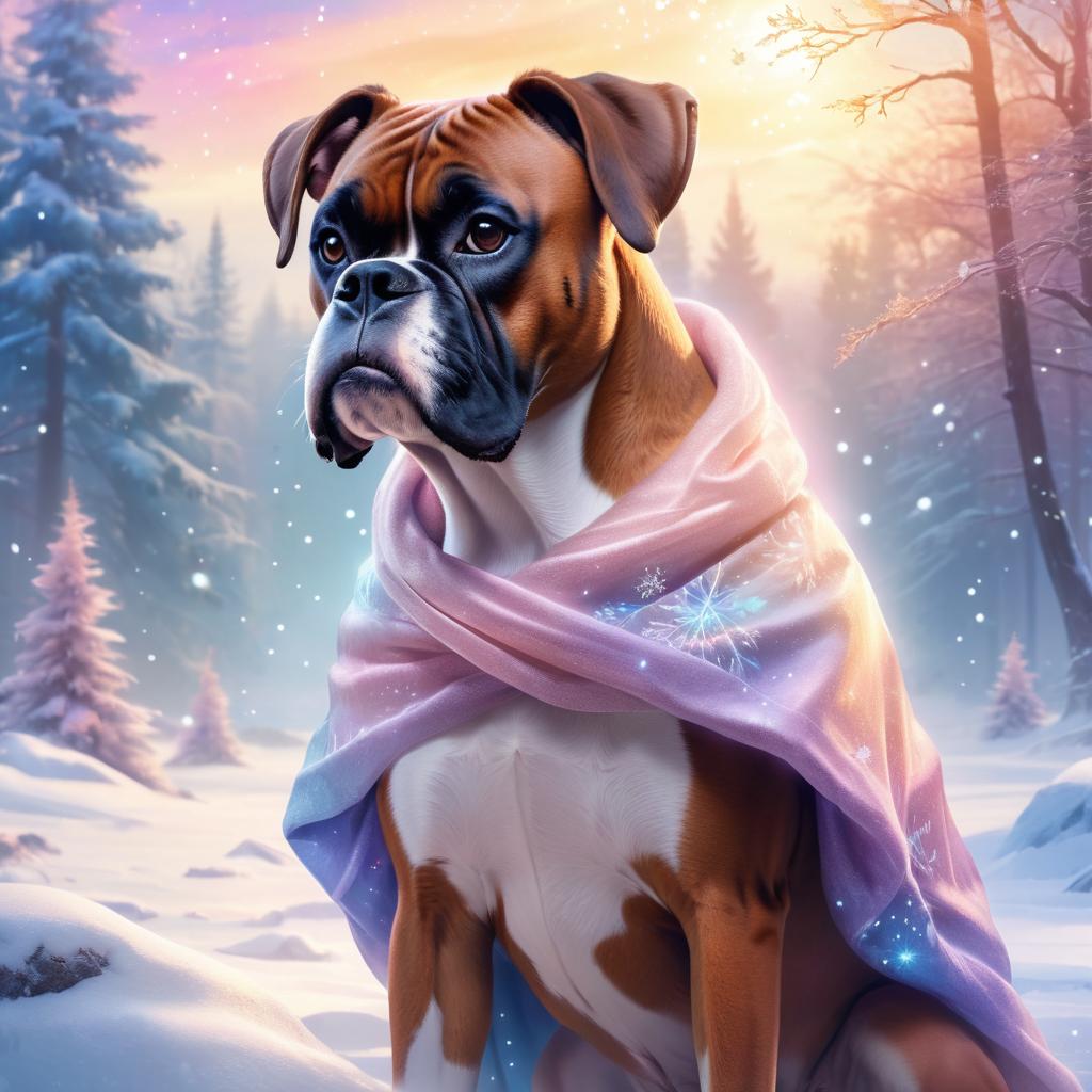 boxer in a winter scene, wearing stylish winter clothing, looking cute and happy.