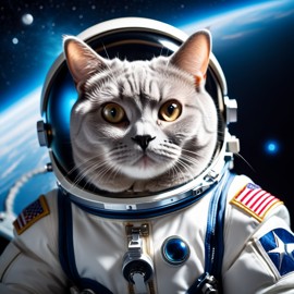 british shorthair cat as astronaut in space, wearing spacesuit, with spacestation background.