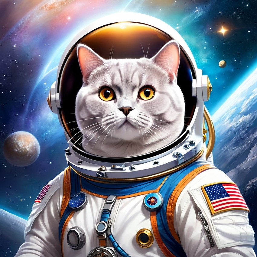 british shorthair cat as astronaut in space, ethereal and magical style, wearing spacesuit.