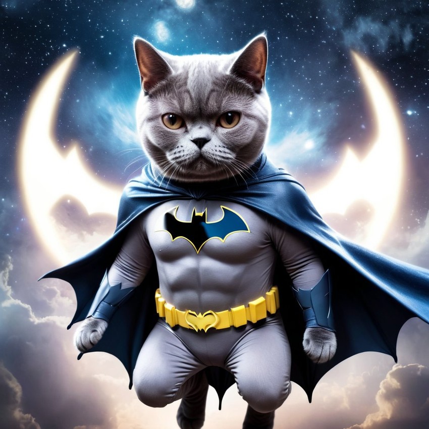 british shorthair cat as batman, ethereal and majestic, wearing batman suit and mask.