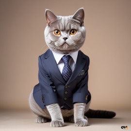 professional headshot of british shorthair cat wearing a stylish suit for a cv or linkedin, studio photo.