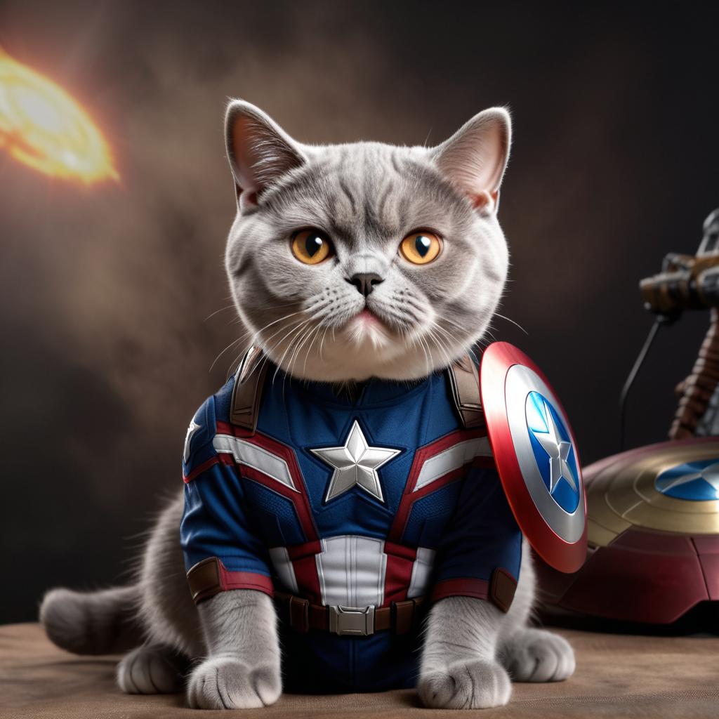 british shorthair cat as captain america from avengers, lifelike and highly detailed.