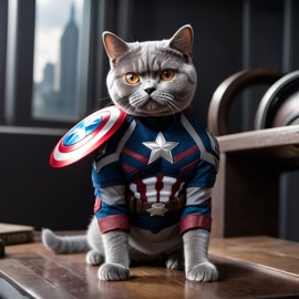 british shorthair cat as captain america from avengers, in action, cute and happy.