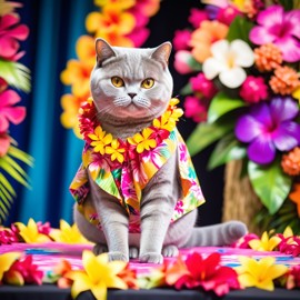 british shorthair cat strutting down the fashion show catwalk stage in a vibrant hawaiian shirt and a floral lei, high energy and joyful.