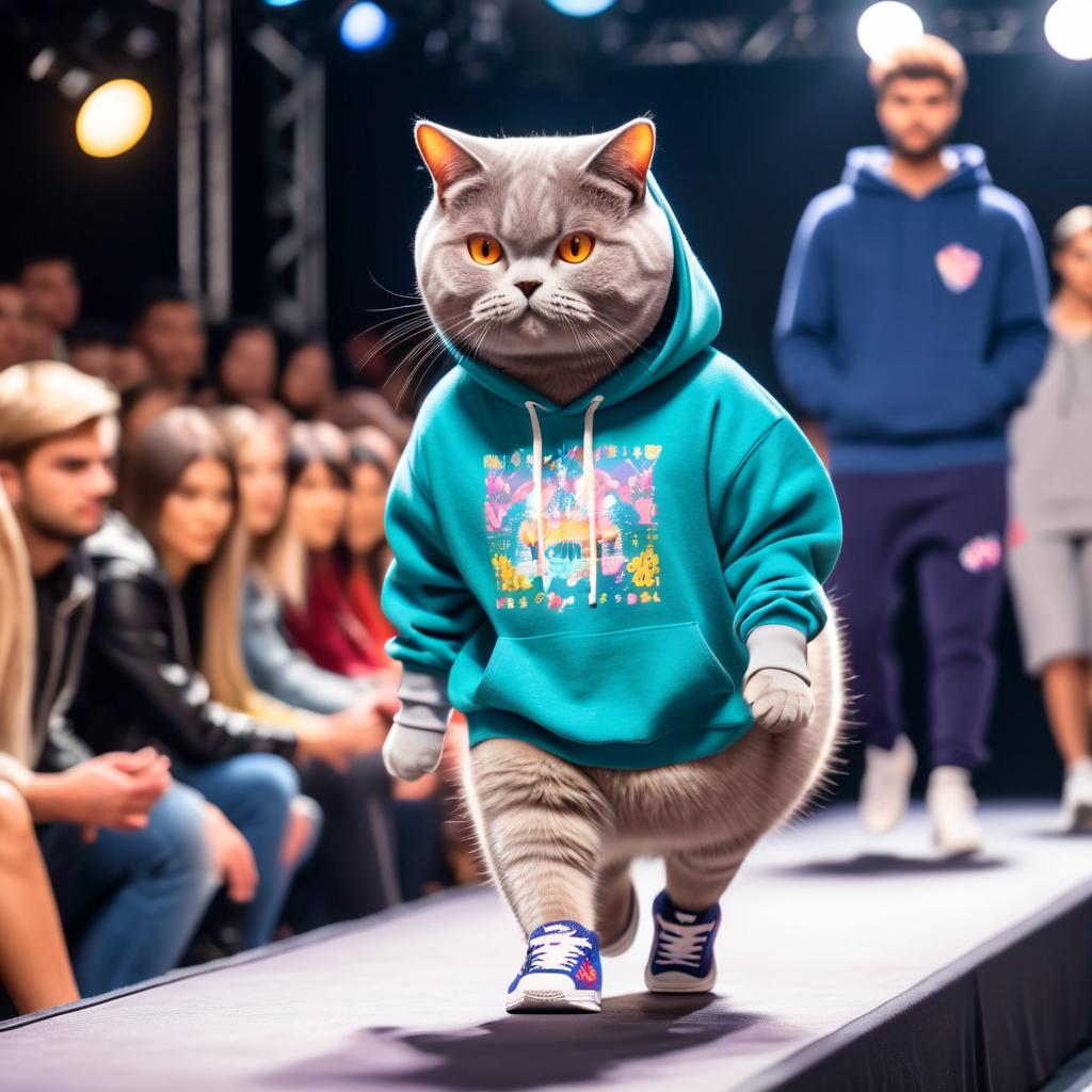 british shorthair cat strutting down the fashion show catwalk stage in trendy streetwear including a cool hoodie and sneakers, high energy and trendy.