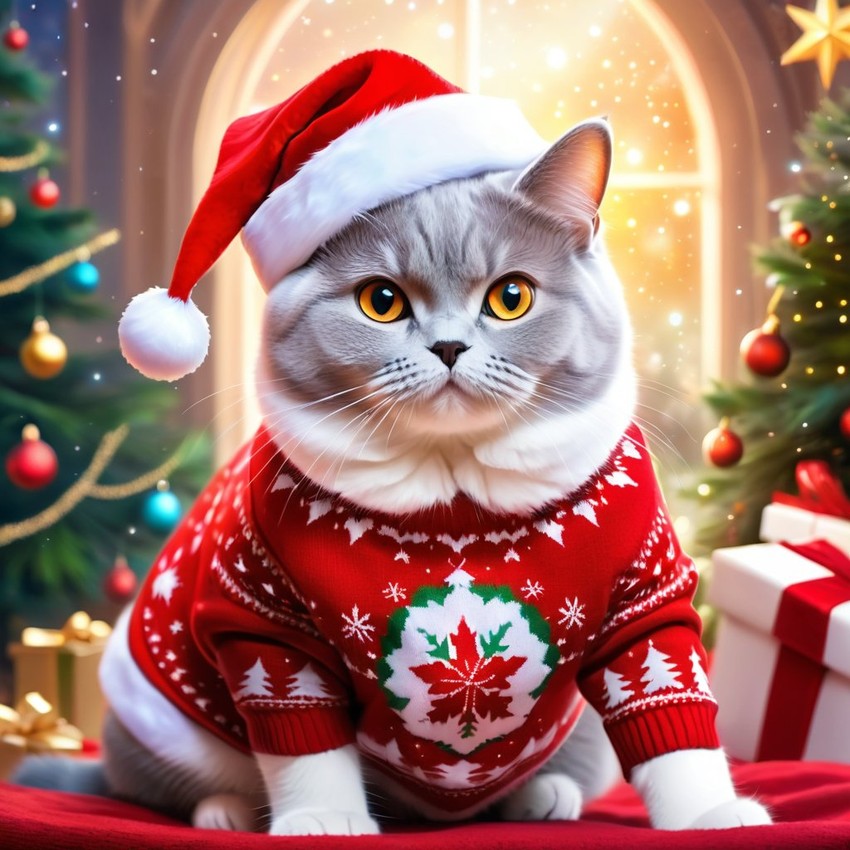 british shorthair cat in a christmas sweater and santa hat, ethereal and magical.