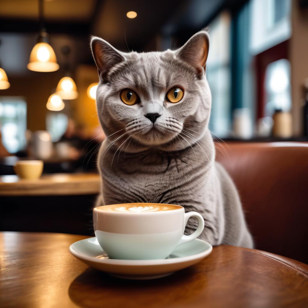 british shorthair cat sitting in a cozy coffee shop with a cup of coffee, detailed and vibrant.