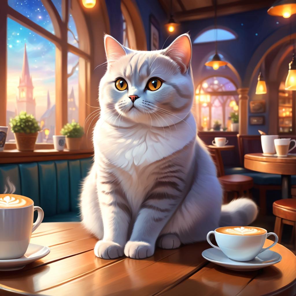 british shorthair cat sitting in a cozy coffee shop, ethereal and magical.