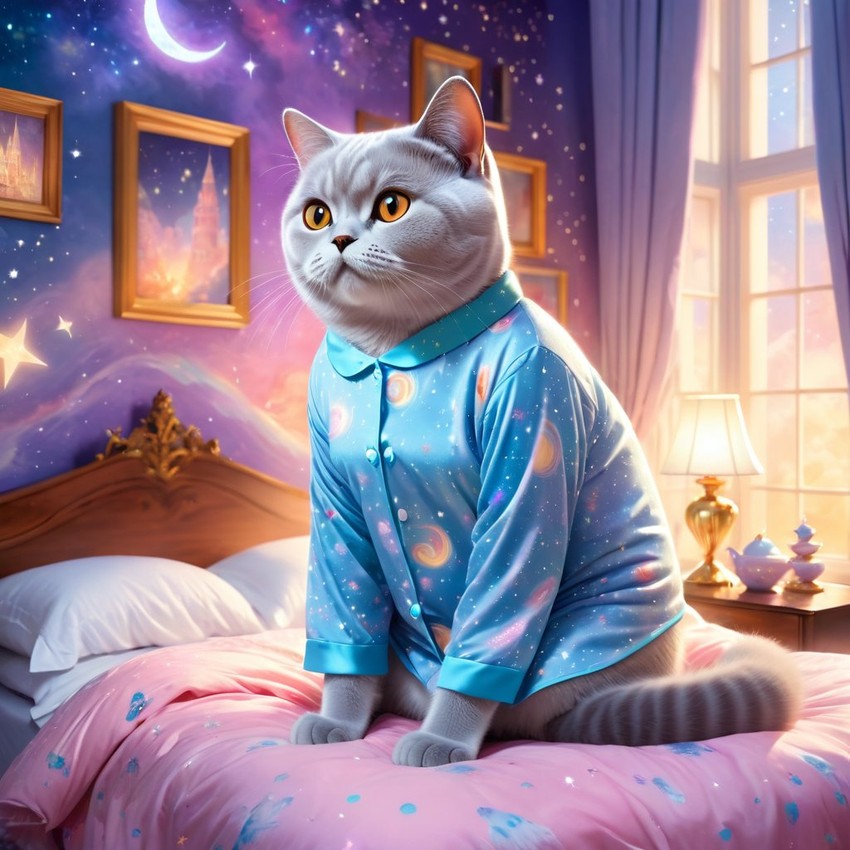 british shorthair cat in cute pyjamas, relaxing in a posh bedroom, capturing an ethereal and happy moment.