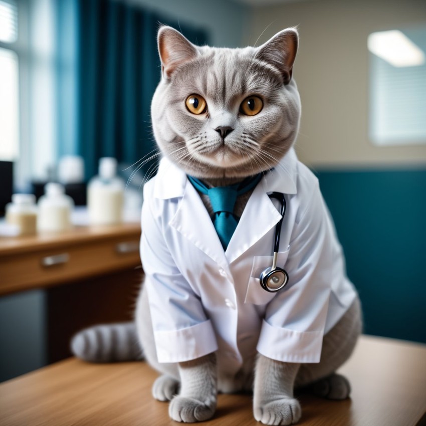 british shorthair cat as a doctor in an office, detailed and charming, with high budget, bokeh, and a moody atmosphere.