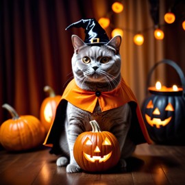 british shorthair cat in a halloween costume with pumpkins and eerie decorations, highlighting their festive spirit.