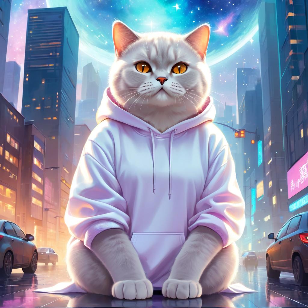 british shorthair cat in a white hoodie, featuring a magical and ethereal urban setting with a cute and happy vibe.