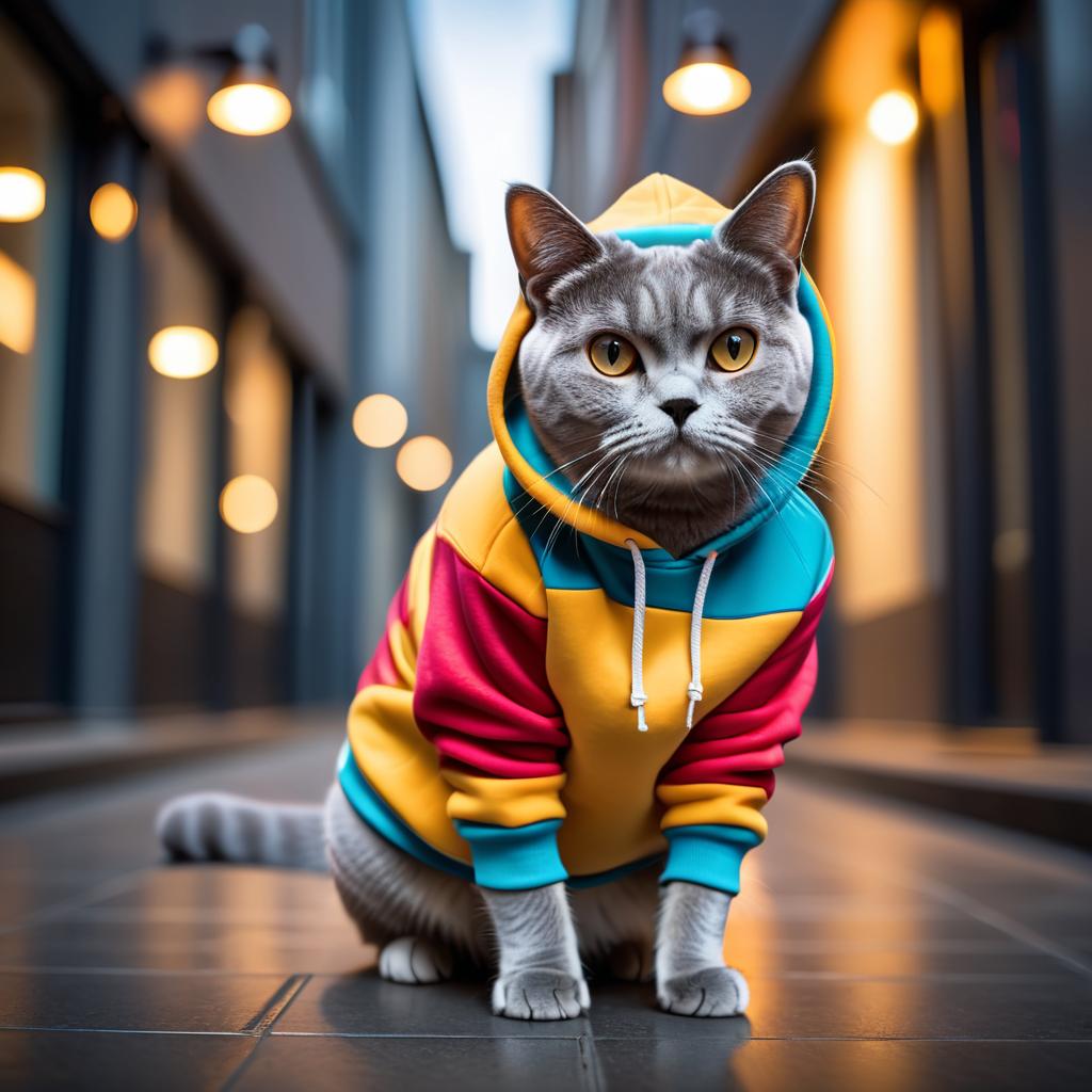 british shorthair cat in a colorful hoodie, set in a modern urban environment with a stylish and trendy vibe.